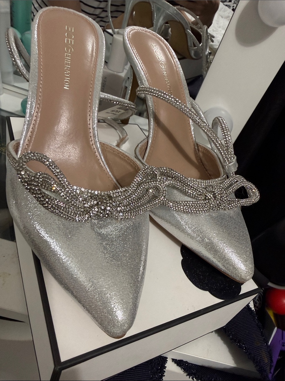 BCBGeneration Silver Crystal-Embellished Pointed Mules